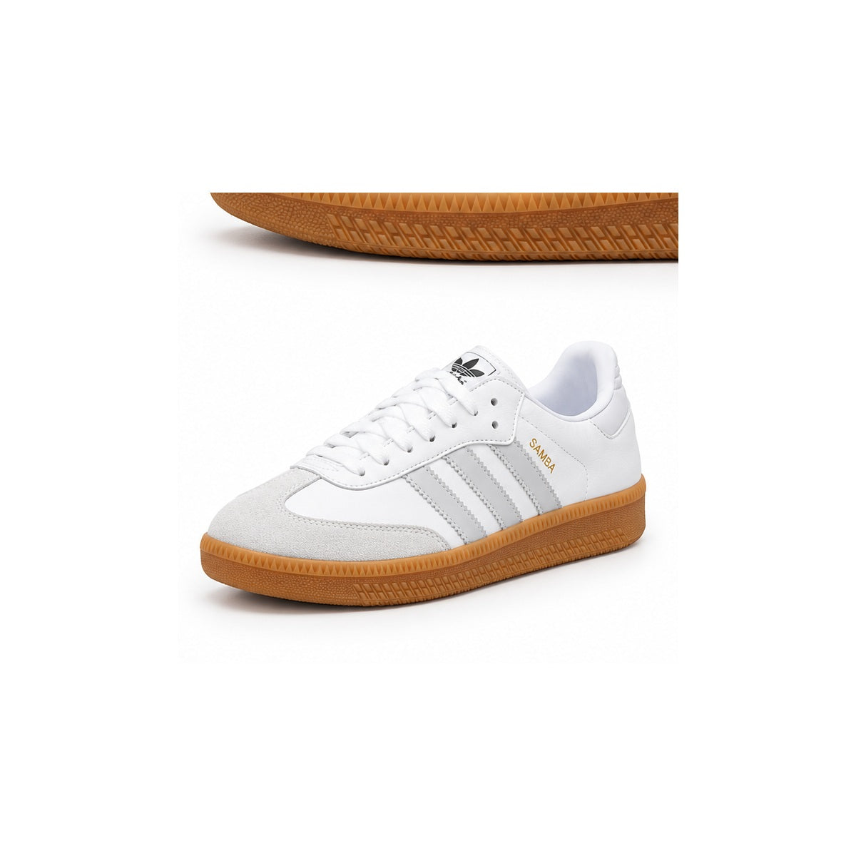 Adidas Samba white grey stripes gum sole angled view