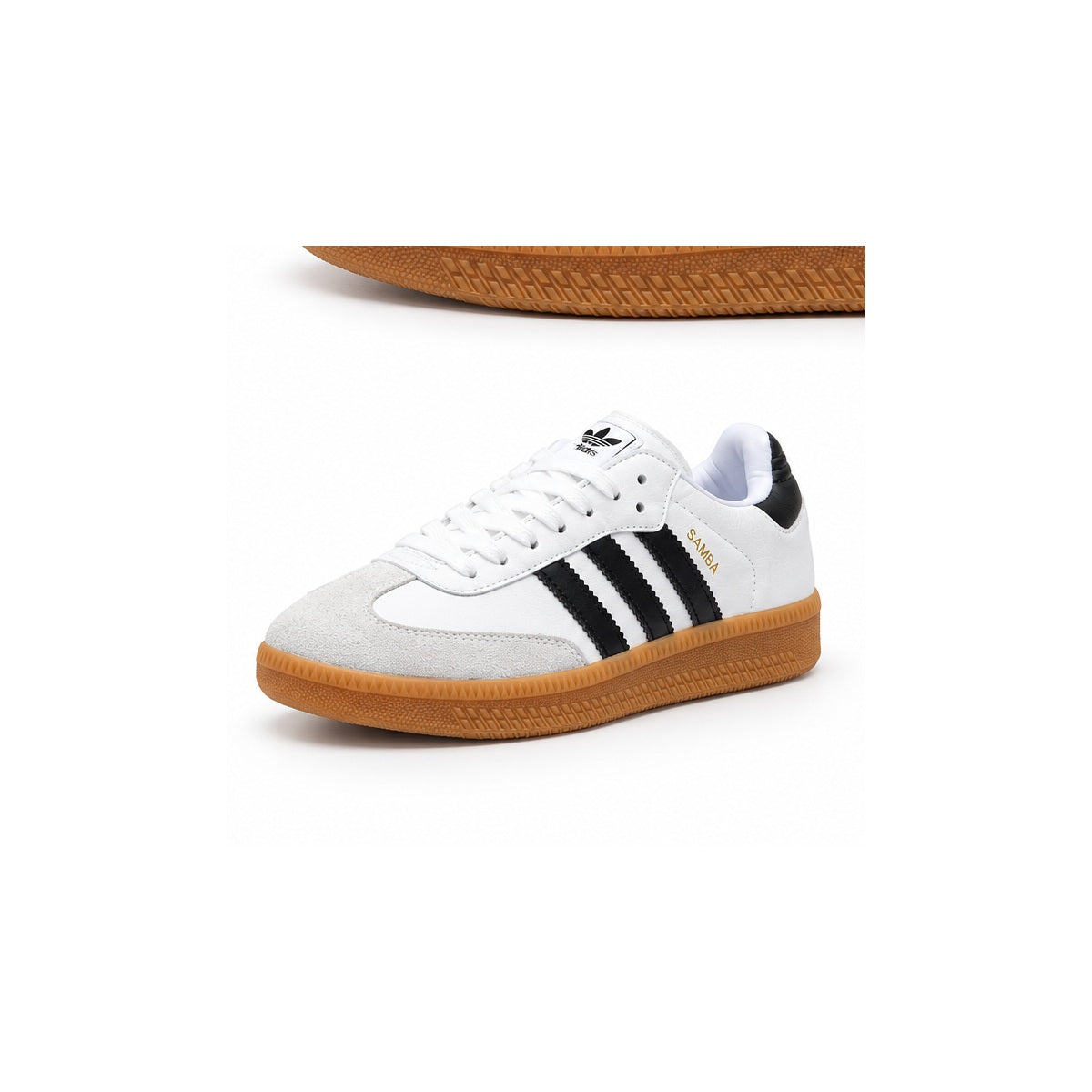Adidas Samba white black stripes gum sole angled view