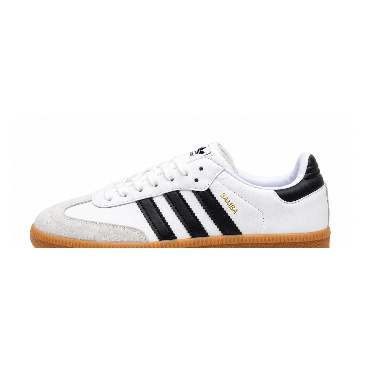 Adidas Samba white black stripes gum sole side view